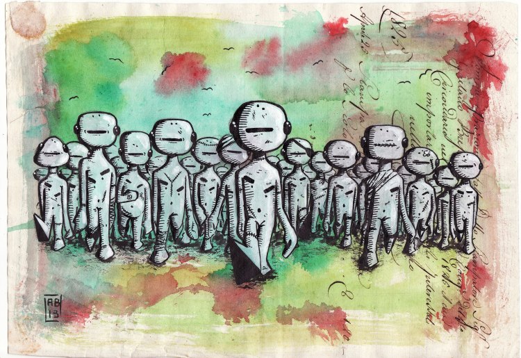 Alessio Bolognesi_Sfiggy - Quinto stato - Tecnica mista su carta antica, A4 circa, 2013