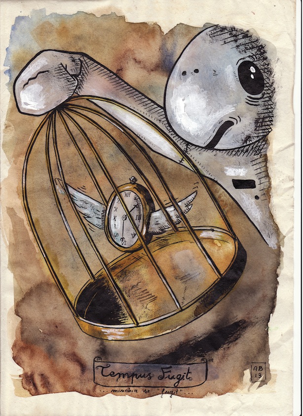 Alessio Bolognesi_Sfiggy - Tempus fugit - Tecnica mista su carta antica, A4 circa, 2013 low